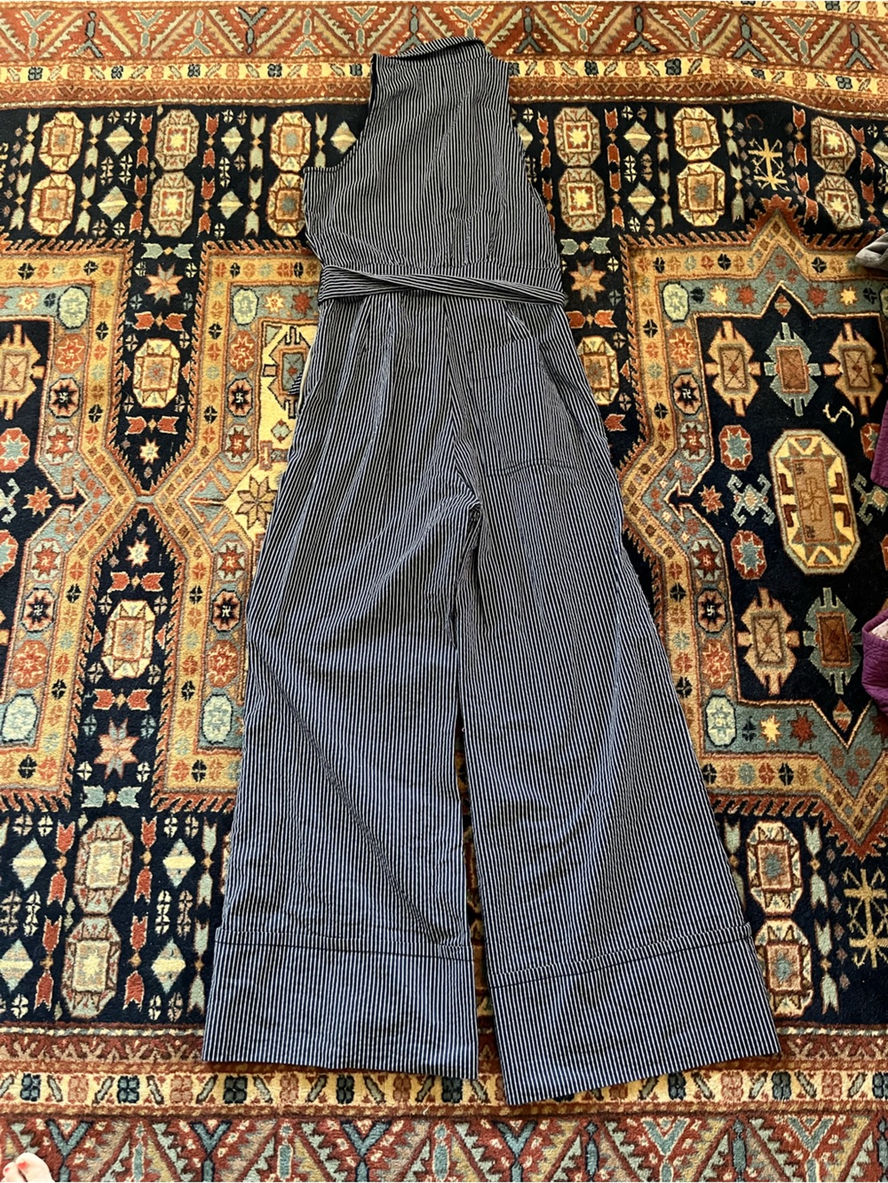 Maeve Anthropologie Navy pinstripe button down Sleeveless Wide-Leg Jumpsuit 4 - Picture 8 of 10